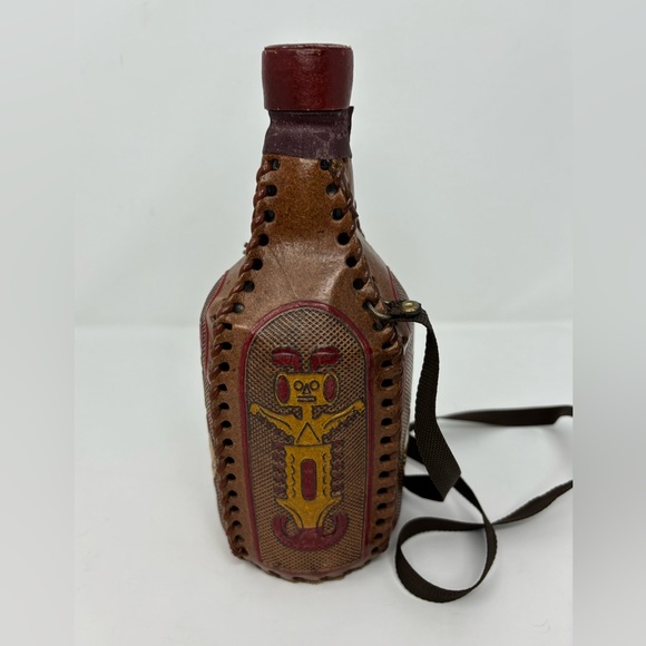 Vintage Columbia Decanter Leather Hand Tooled Empty Bottle Flask With Cap Strap - Picture 3 of 16